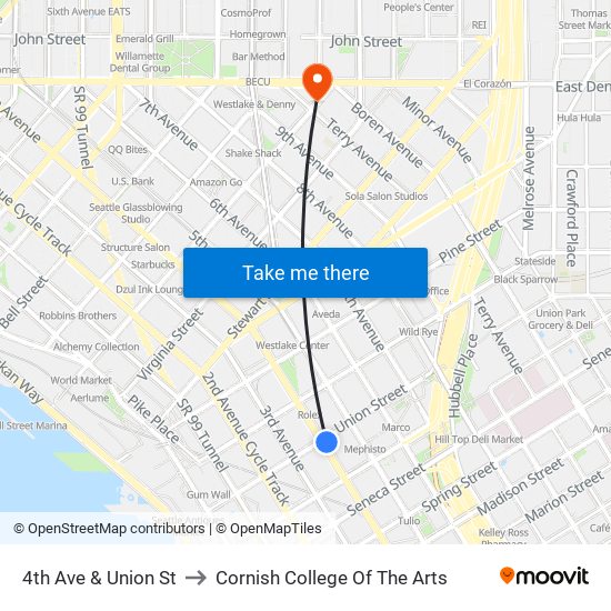 4th Ave & Union St to Cornish College Of The Arts map