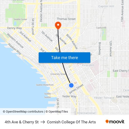 4th Ave & Cherry St to Cornish College Of The Arts map