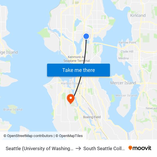 Seattle (University of Washington) to South Seattle College map