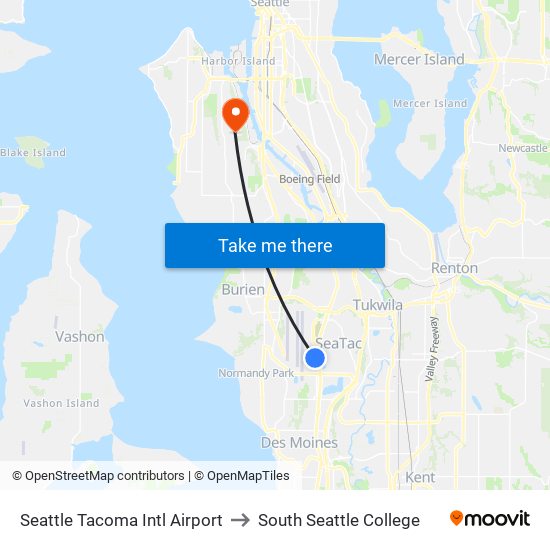 Seattle Tacoma Intl Airport to South Seattle College map