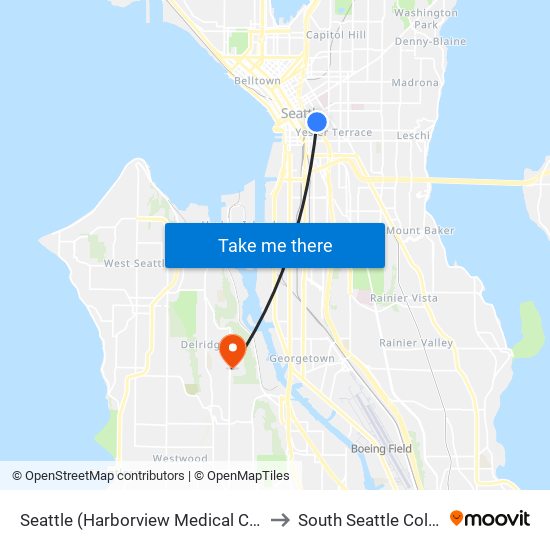 Seattle (Harborview Medical Center) to South Seattle College map