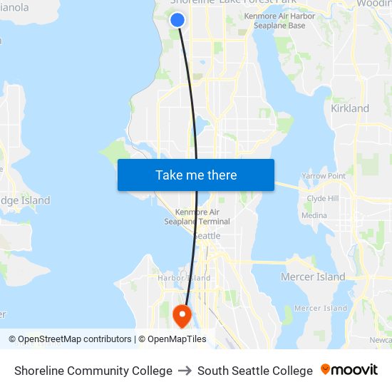 Shoreline Community College to South Seattle College map