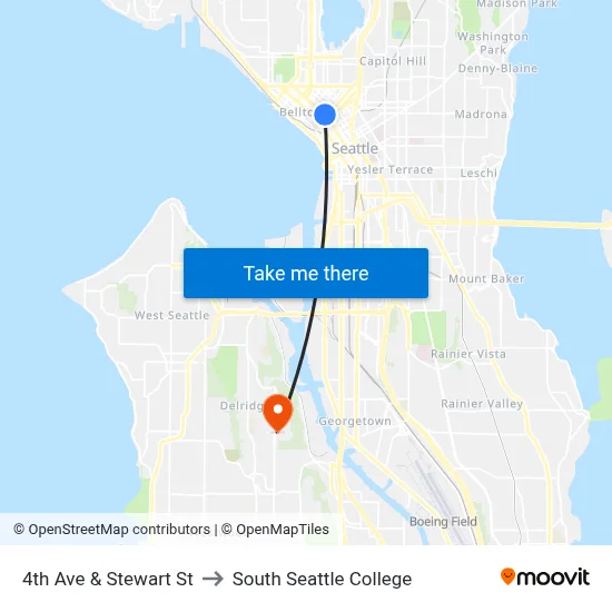 4th Ave & Stewart St to South Seattle College map