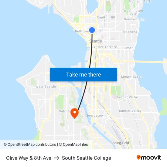 Olive Way & 8th Ave to South Seattle College map