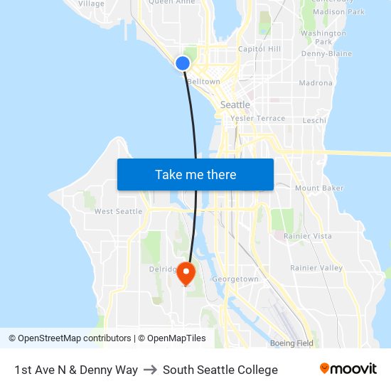 1st Ave N & Denny Way to South Seattle College map