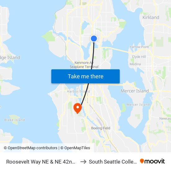 Roosevelt Way NE & NE 42nd St to South Seattle College map