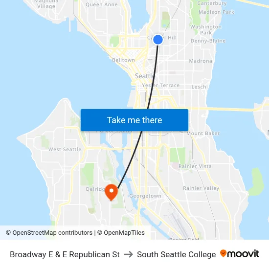 Broadway E & E Republican St to South Seattle College map