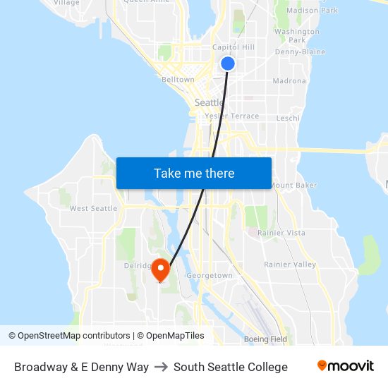 Broadway & E Denny Way to South Seattle College map