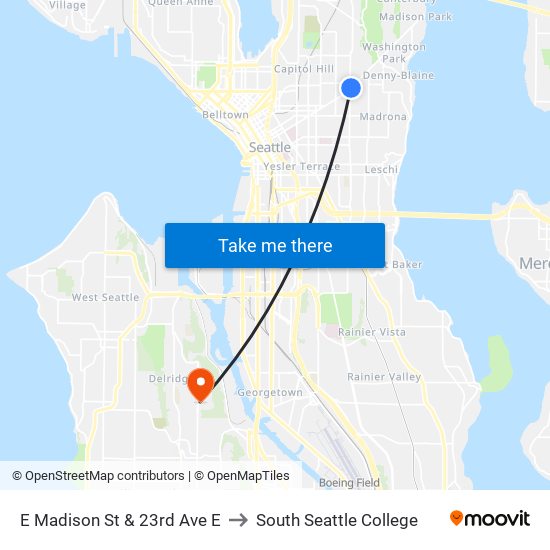 E Madison St & 23rd Ave E to South Seattle College map