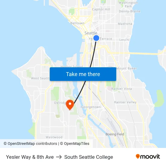 Yesler Way & 8th Ave to South Seattle College map
