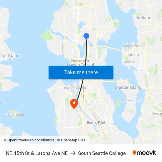 NE 45th St & Latona Ave NE to South Seattle College map