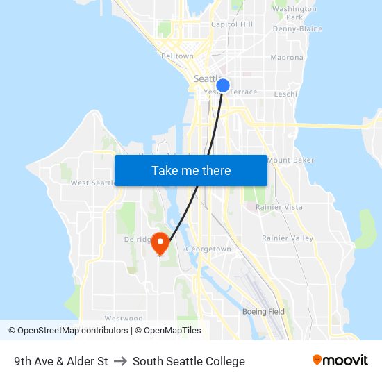 9th Ave & Alder St to South Seattle College map