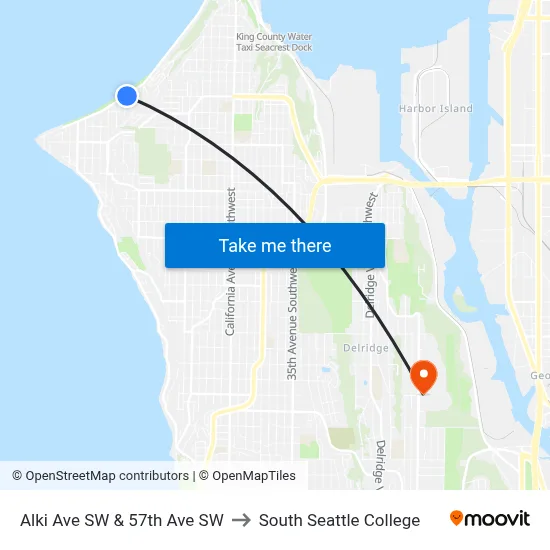Alki Ave SW & 57th Ave SW to South Seattle College map