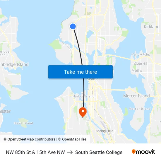 NW 85th St & 15th Ave NW to South Seattle College map