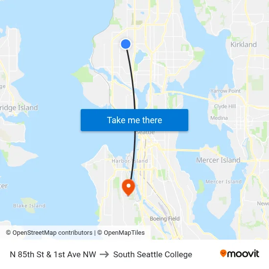 N 85th St & 1st Ave NW to South Seattle College map
