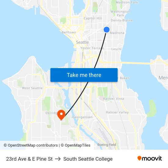 23rd Ave & E Pine St to South Seattle College map