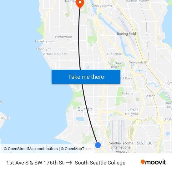 1st Ave S & SW 176th St to South Seattle College map