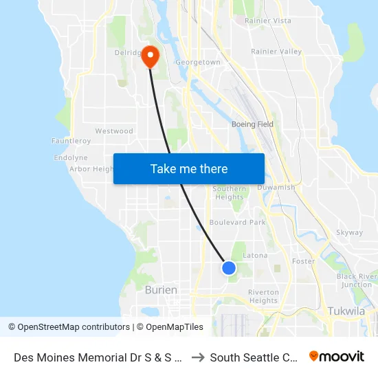 Des Moines Memorial Dr S & S 138th St to South Seattle College map