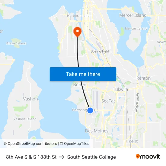 8th Ave S & S 188th St to South Seattle College map