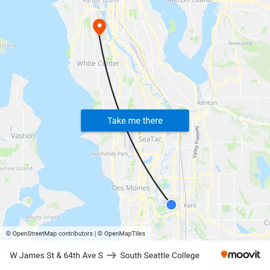 W James St & 64th Ave S to South Seattle College map