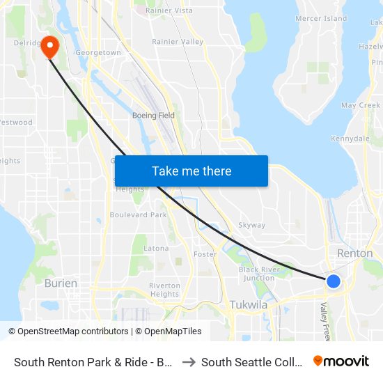 South Renton Park & Ride - Bay 1 to South Seattle College map