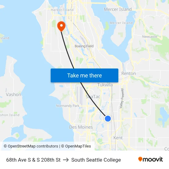 68th Ave S & S 208th St to South Seattle College map