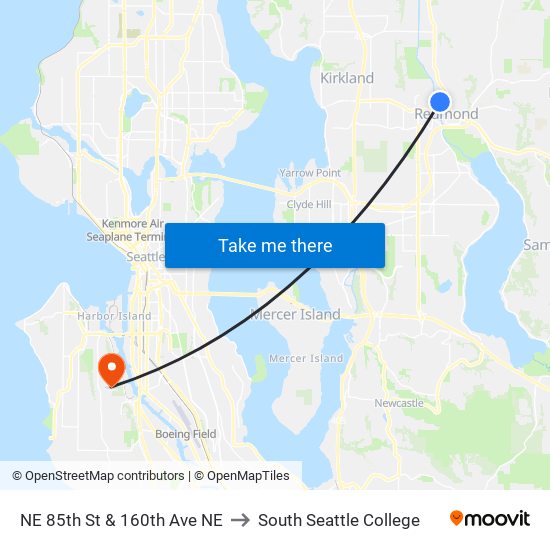 NE 85th St & 160th Ave NE to South Seattle College map