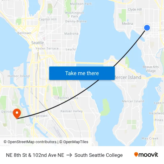 NE 8th St & 102nd Ave NE to South Seattle College map