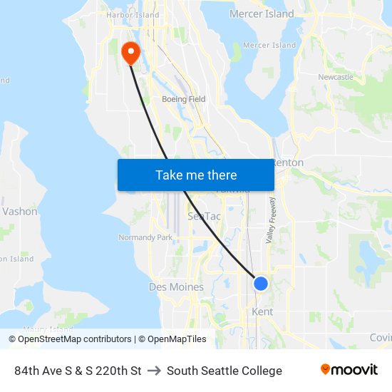 84th Ave S & S 220th St to South Seattle College map