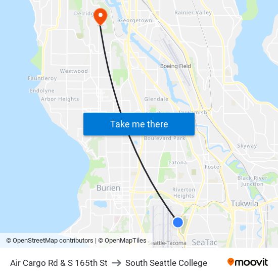Air Cargo Rd & S 165th St to South Seattle College map