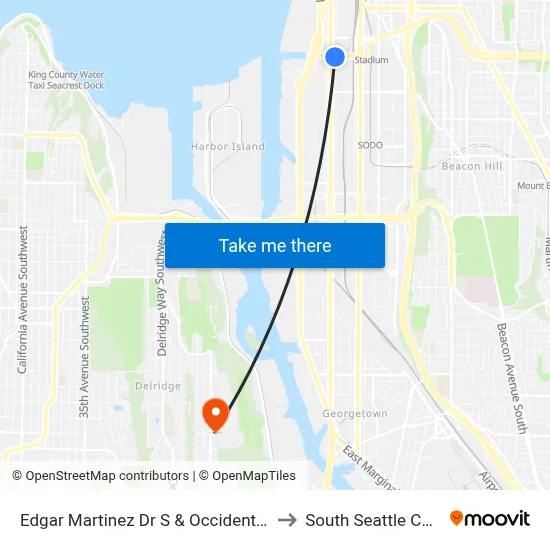 Edgar Martinez Dr S & Occidental Ave S to South Seattle College map