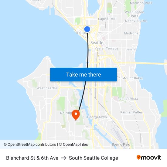 Blanchard St & 6th Ave to South Seattle College map