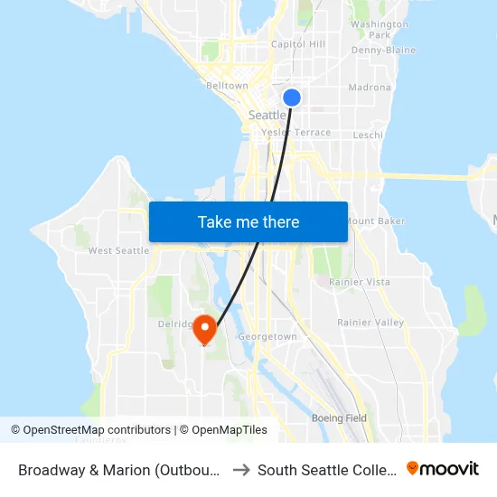 Broadway & Marion (Outbound) to South Seattle College map
