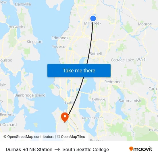 Dumas Rd NB Station to South Seattle College map