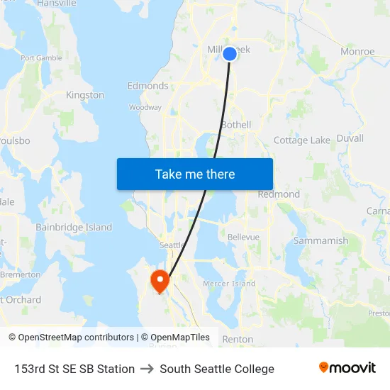153rd St SE SB Station to South Seattle College map