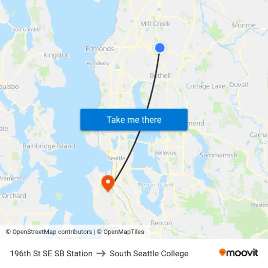 196th St SE SB Station to South Seattle College map