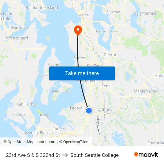 23rd Ave S & S 322nd St to South Seattle College map