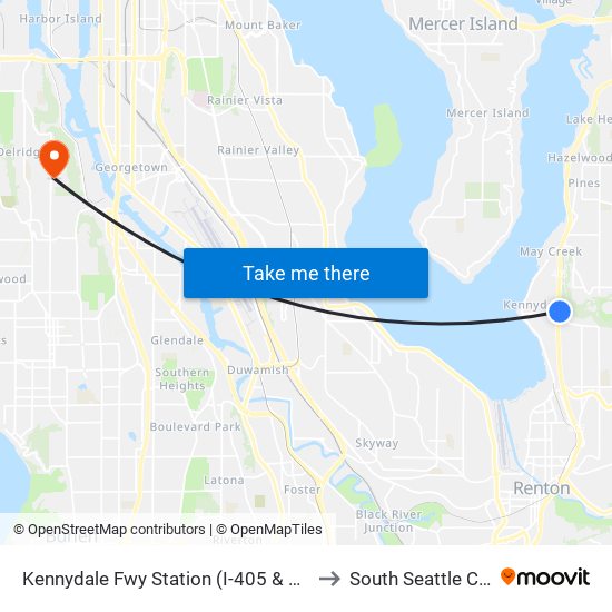 Kennydale Fwy Station (I-405 & NE 30th St) to South Seattle College map