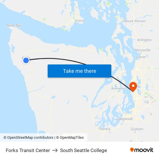 Forks Transit Center to South Seattle College map