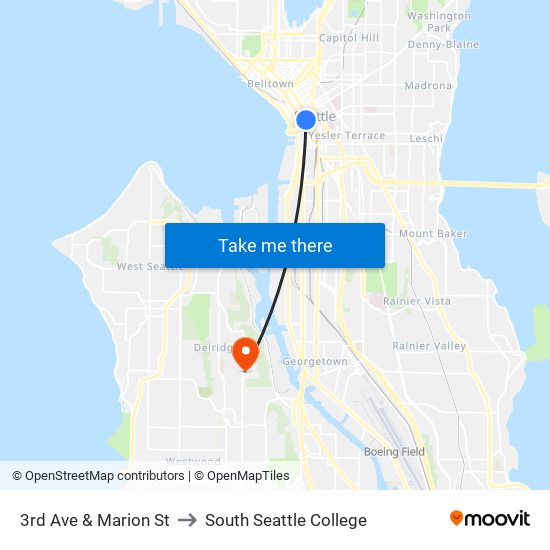 3rd Ave & Marion St to South Seattle College map