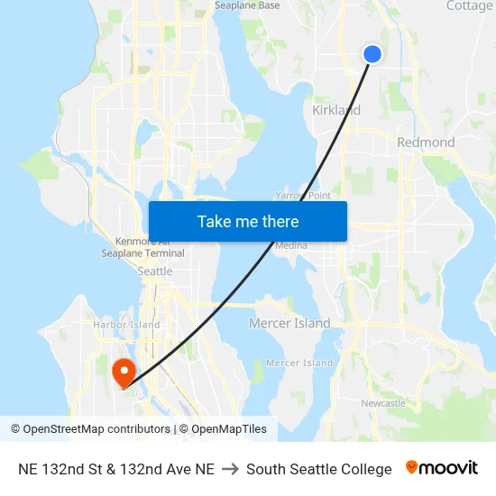NE 132nd St & 132nd Ave NE to South Seattle College map