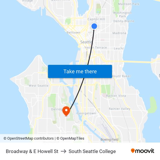 Broadway & E Howell St to South Seattle College map