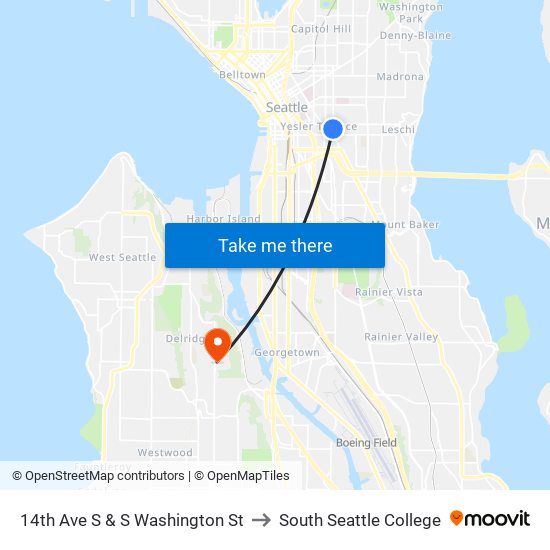 14th Ave S & S Washington St to South Seattle College map