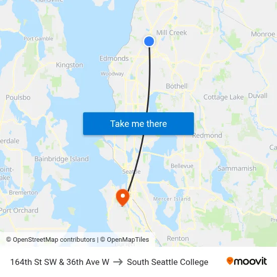 164th St SW & 36th Ave W to South Seattle College map