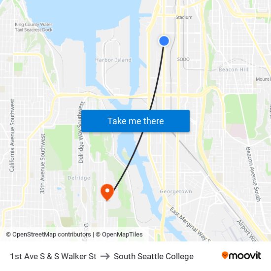 1st Ave S & S Walker St to South Seattle College map