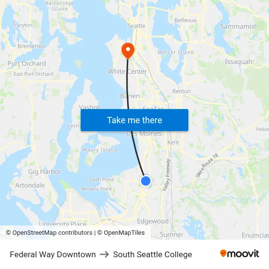 Federal Way Downtown to South Seattle College map