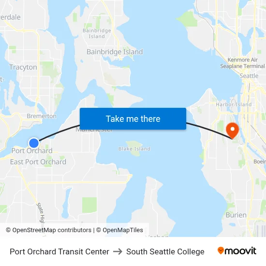 Port Orchard Transit Center to South Seattle College map