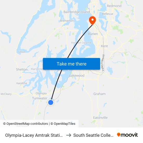 Olympia-Lacey Amtrak Station to South Seattle College map