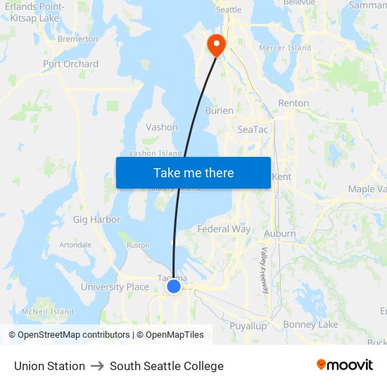 Union Station to South Seattle College map