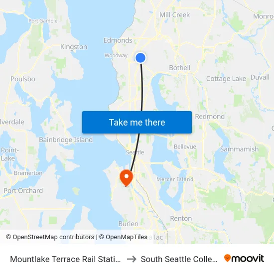 Mountlake Terrace Rail Station to South Seattle College map